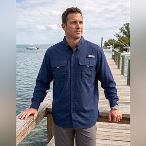 Habit Crayfish Creek Men’s Small Long Sleeve River Fishing Shirt Navy Blue